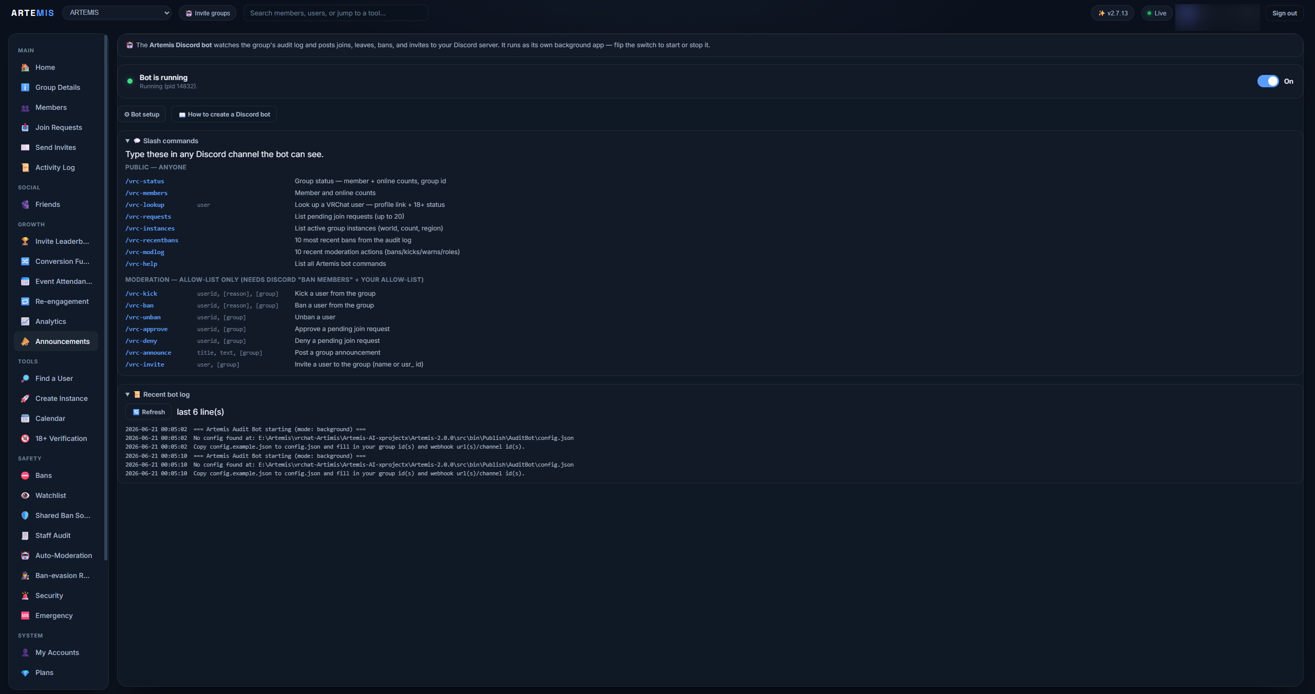 Artemis Discord bot running 24/7 with slash commands for status, moderation and announcements