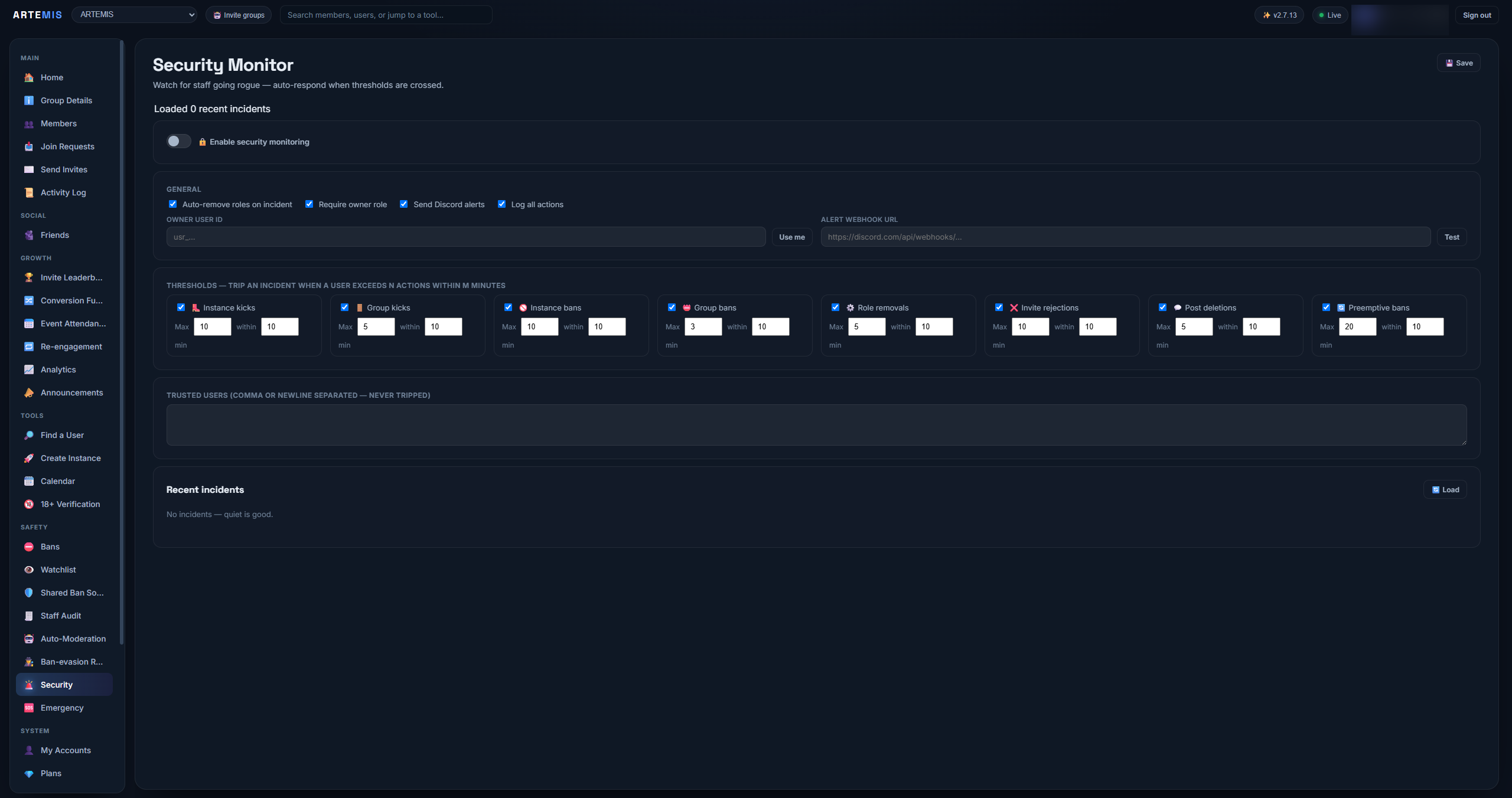 Artemis Security Monitor: per-action thresholds that auto-respond when a moderator goes rogue